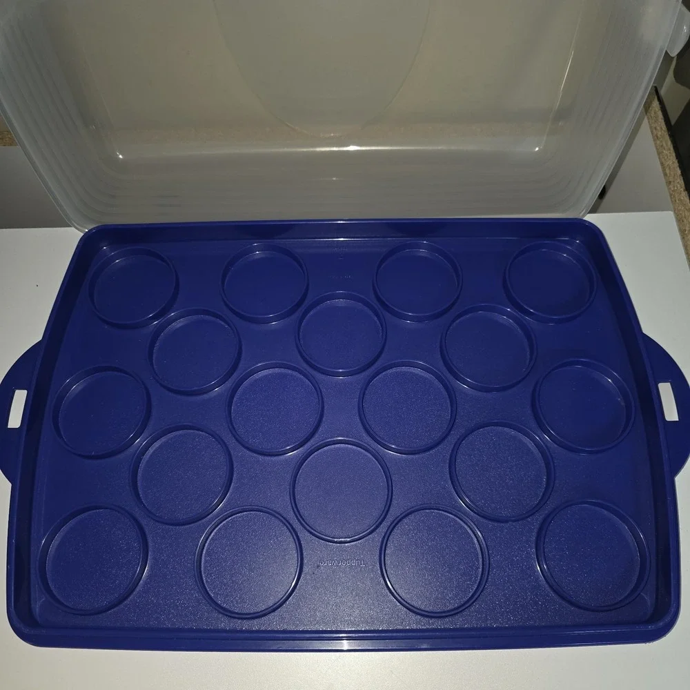 Tupperware Bake N Take Cake Cupcake Rectangle‎ Taker Carrier Blue Clear in EUC